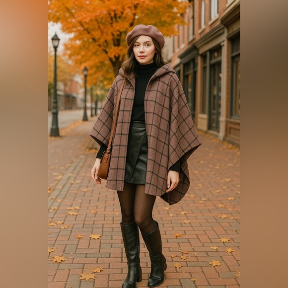 VTG 1980s Coloratura Wool Hooded Cape Poncho Coat OSFM USA Plaid Mauve 🇺🇸 - Picture 1 of 11